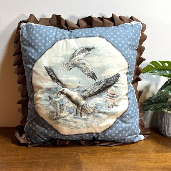 Vintage Pillow Seagulls Beach Nautical Handmade Cottage Core Square Decorative - Picture 1 of 5